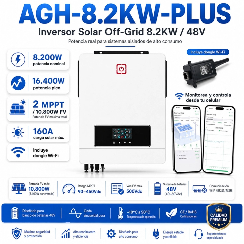INVERSOR SOLAR CON WIFI HIBRIDO 8.2KW, POTENCIA PICO 16.400W - 2