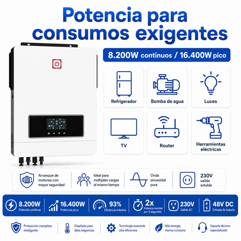 INVERSOR SOLAR CON WIFI HIBRIDO 8.2KW, POTENCIA PICO 16.400W - 3
