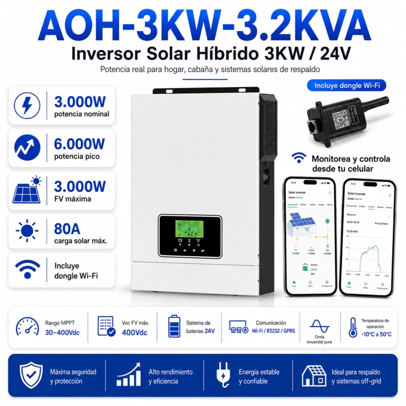 INVERSOR SOLAR CON WIFI HIBRIDO 3.0KW, POTENCIA PICO 6.000W - 2