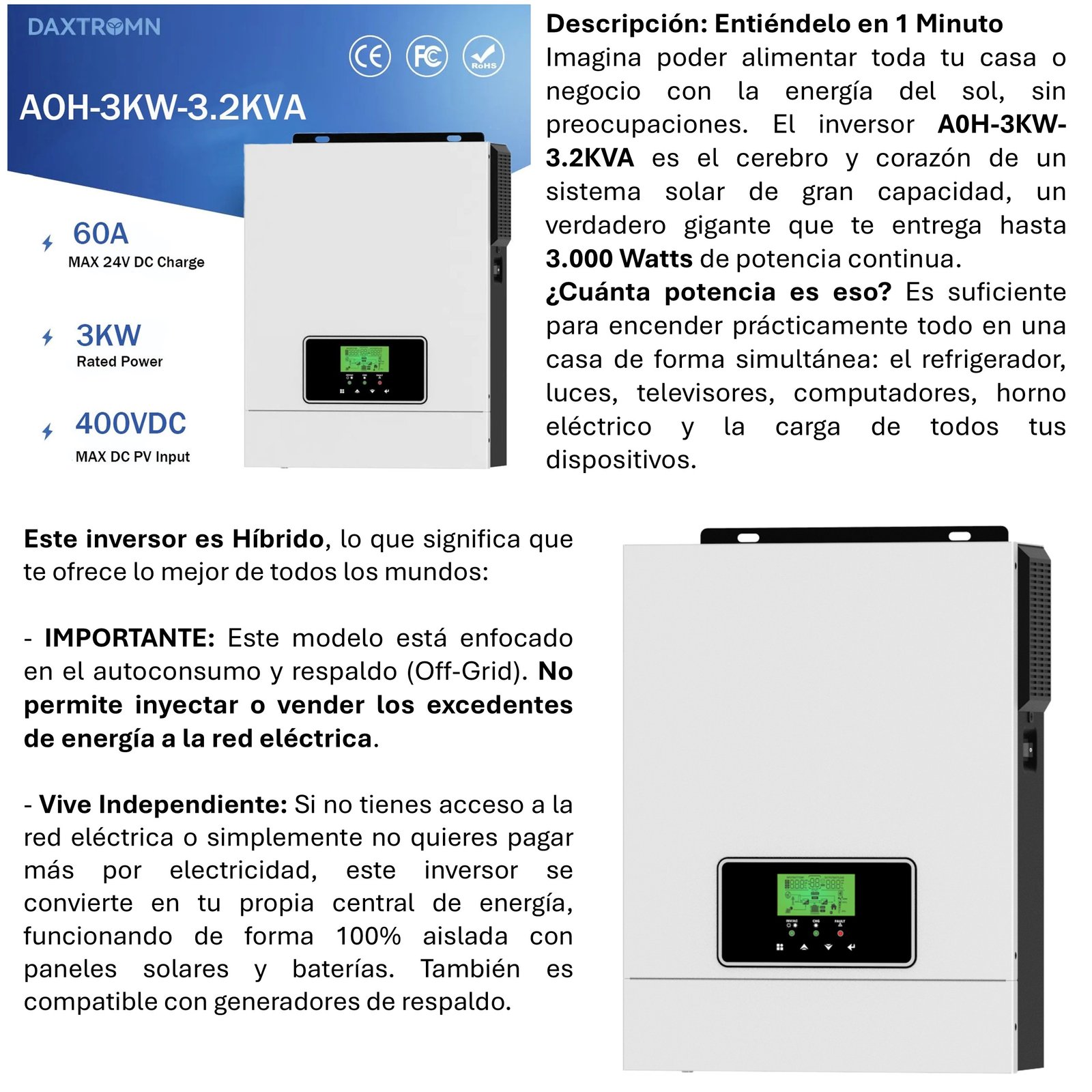 INVERSOR SOLAR CON WIFI HÍBRIDO 3.0KW, POTENCIA PICO 6.000W - 4