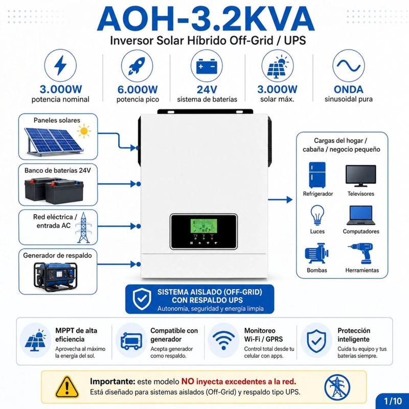 INVERSOR SOLAR CON WIFI HIBRIDO 3.0KW, POTENCIA PICO 6.000W - 3