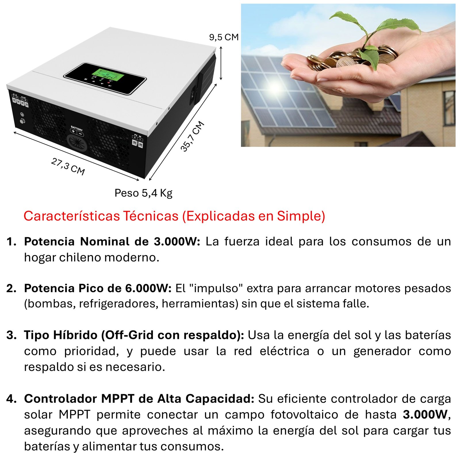 INVERSOR SOLAR CON WIFI HÍBRIDO 3.0KW, POTENCIA PICO 6.000W - 6