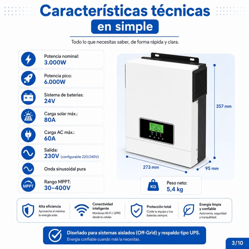 INVERSOR SOLAR CON WIFI HIBRIDO 3.0KW, POTENCIA PICO 6.000W - 5