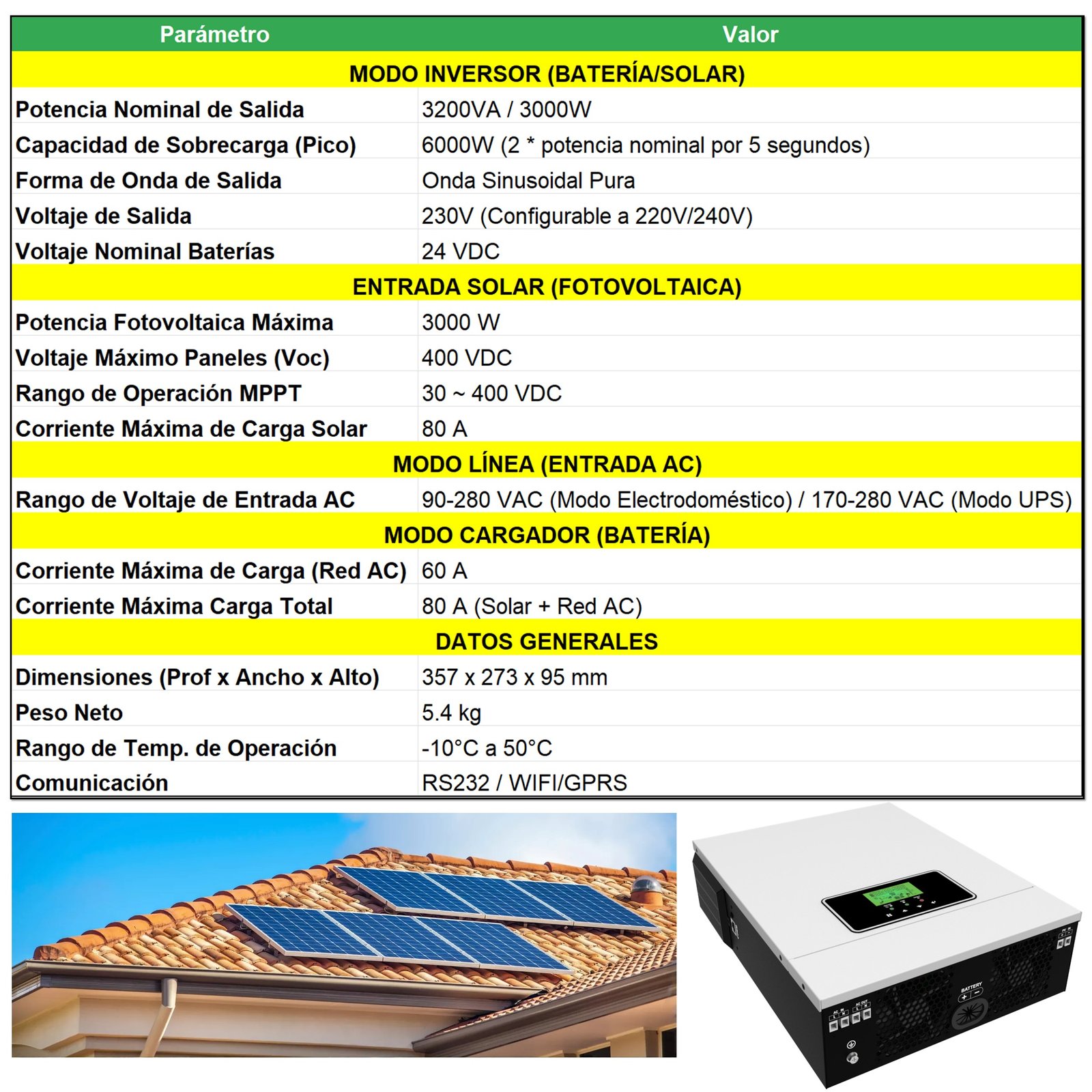 INVERSOR SOLAR CON WIFI HÍBRIDO 3.0KW, POTENCIA PICO 6.000W - 8
