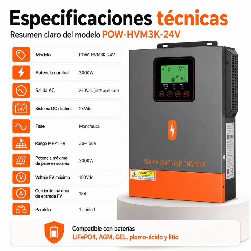 INVERSOR SOLAR HIBRIDO POWMR 3000W 24V | MPPT 400V ONDA PURA - 10