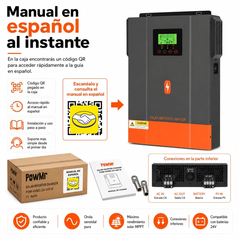INVERSOR SOLAR HIBRIDO POWMR 3000W 24V | MPPT 400V ONDA PURA - 9