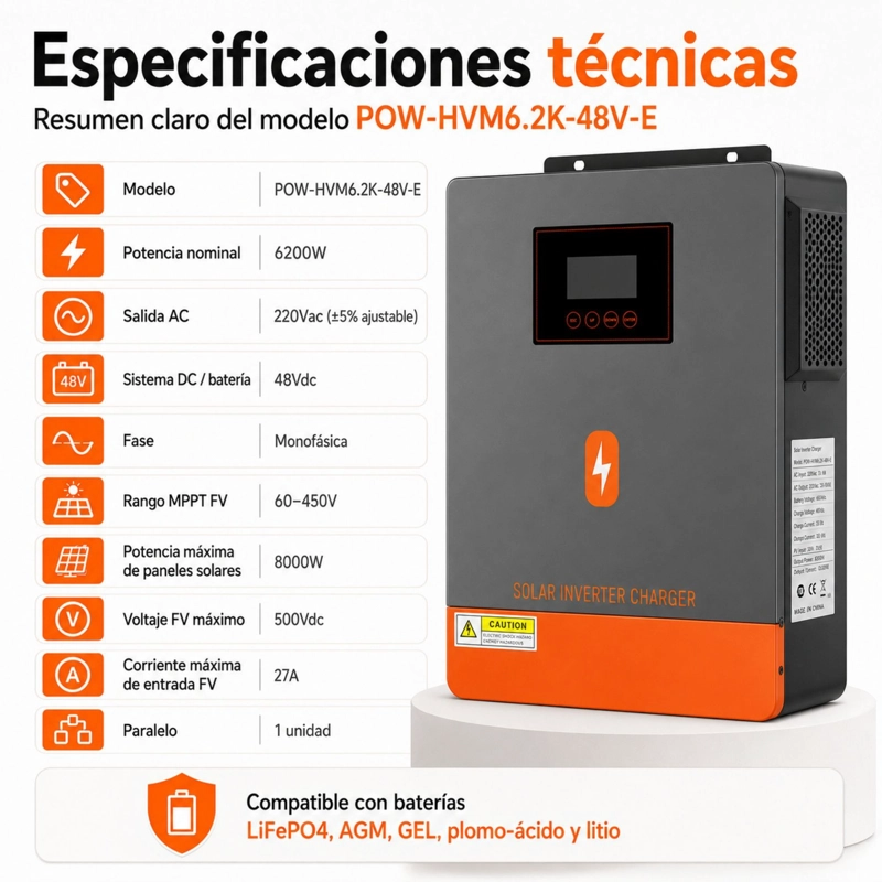 INVERSOR SOLAR HIBRIDO POWMR 6200W 48V | FUNCIONA SIN BATERIAS - 10