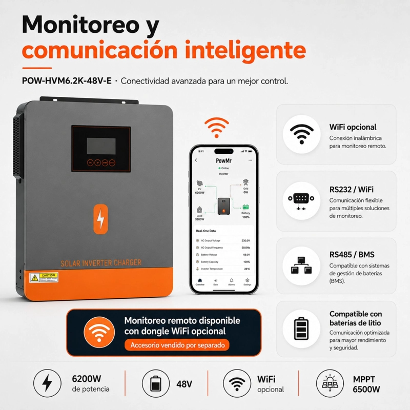 INVERSOR SOLAR HIBRIDO POWMR 6200W 48V | FUNCIONA SIN BATERIAS - 5