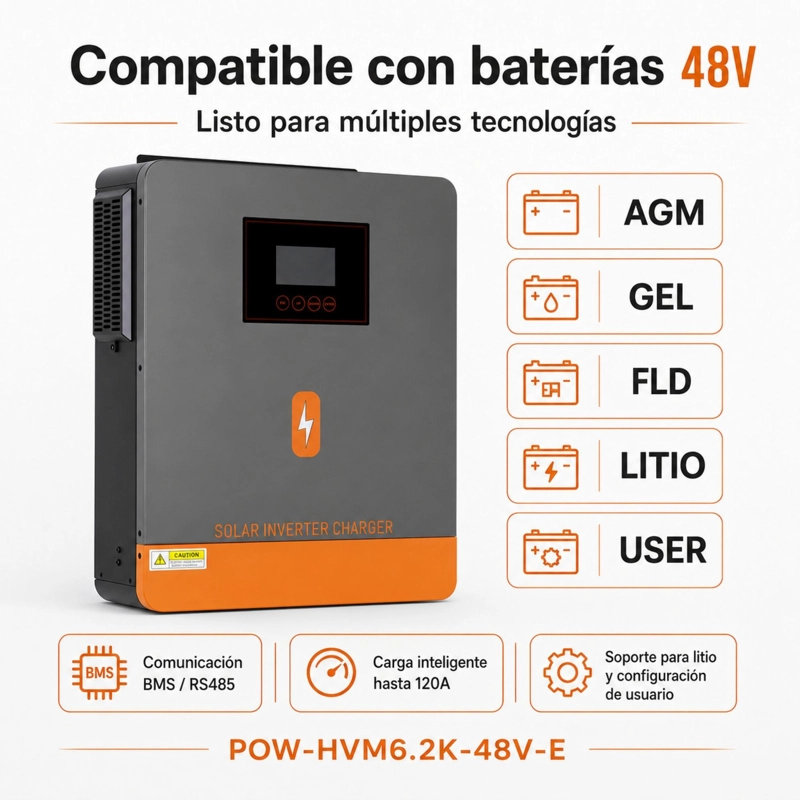 INVERSOR SOLAR HIBRIDO POWMR 6200W 48V | FUNCIONA SIN BATERIAS - 6