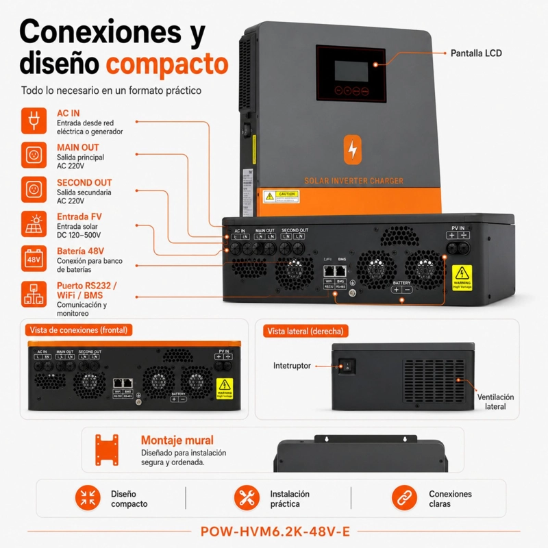 INVERSOR SOLAR HIBRIDO POWMR 6200W 48V | FUNCIONA SIN BATERIAS - 8