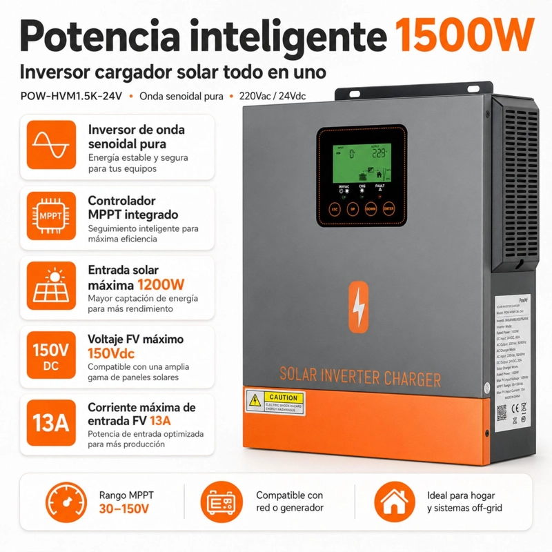 INVERSOR SOLAR HIBRIDO POWMR 1500W 24V | MPPT ONDA SENOIDAL PURA - 2