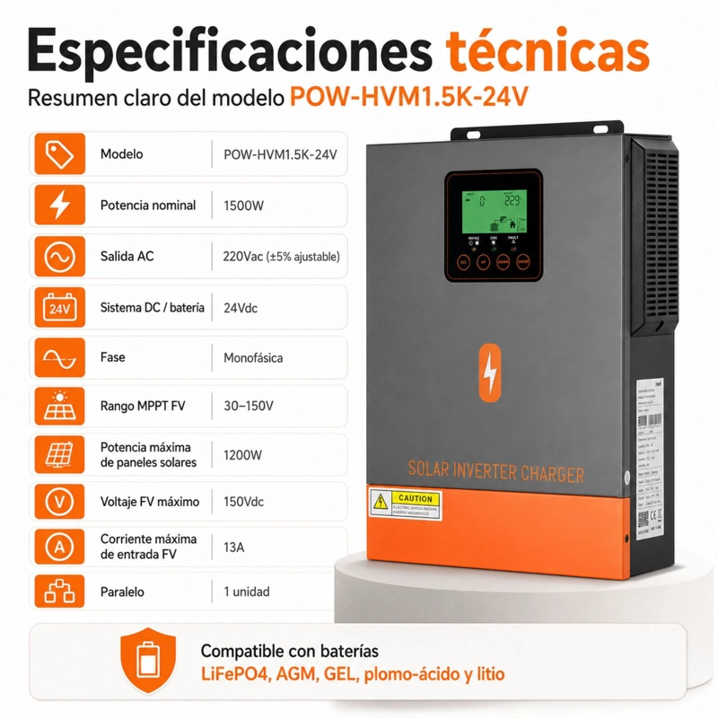 INVERSOR SOLAR HIBRIDO POWMR 1500W 24V | MPPT ONDA SENOIDAL PURA - 9