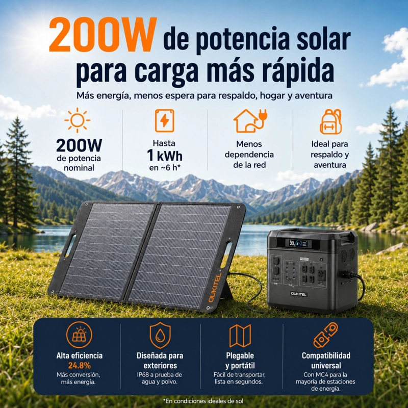 PANEL SOLAR PORTATIL OUKITEL 200W | EFICIENCIA 24.8% E IP68 - 2