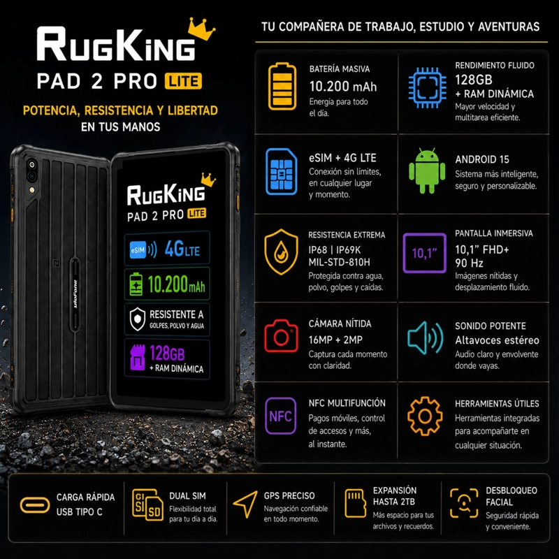 TABLET RUGGED ULEFONE RUGKING PAD 2 PRO LITE 4G 128GB 16GB - 2
