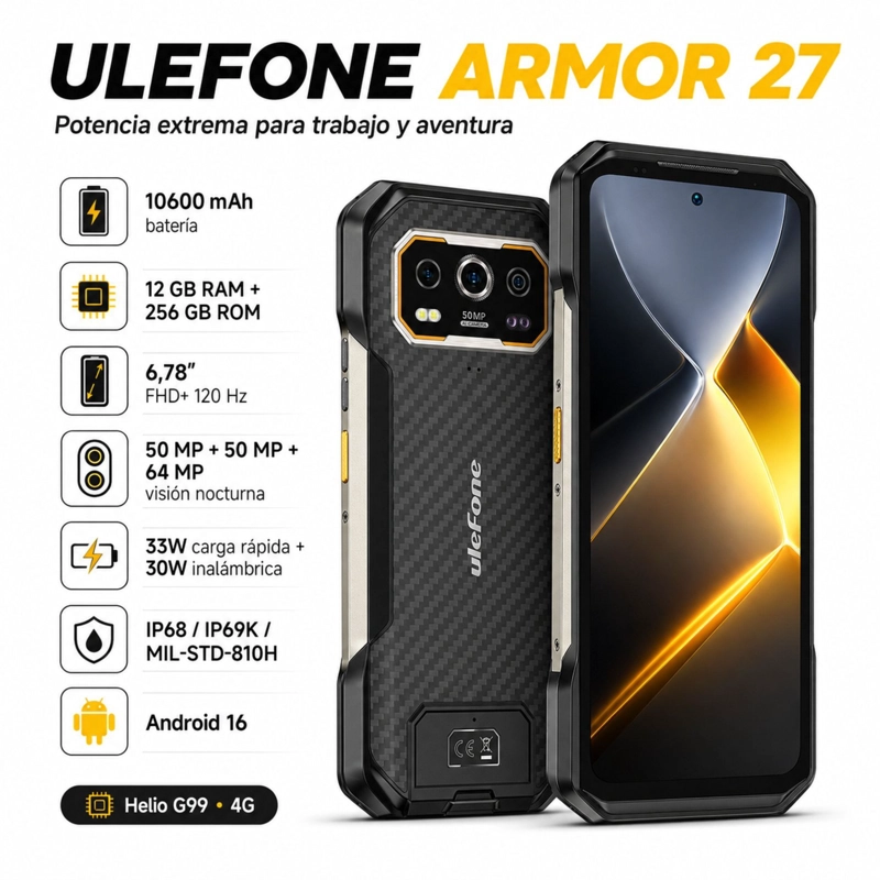 CELULAR RUGGED ULEFONE ARMOR 27 4G 12GB 256GB NEGRO - 2