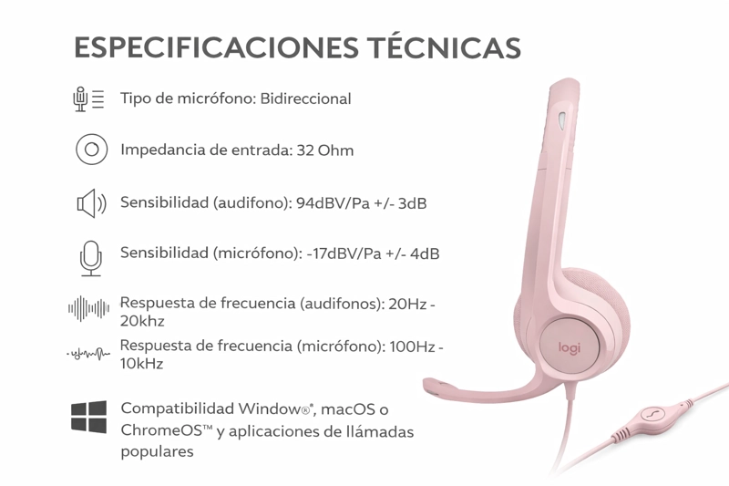 AUDÍFONOS LOGITECH HEADSET 981-001280 USB H390 ROSADO - 5