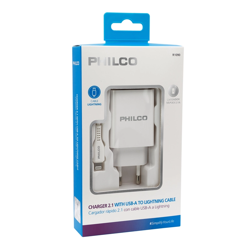 CARG. DE PARED 2.1 A DOBLE USB C/CABLE IPHONE R1090 BLANCO - 2