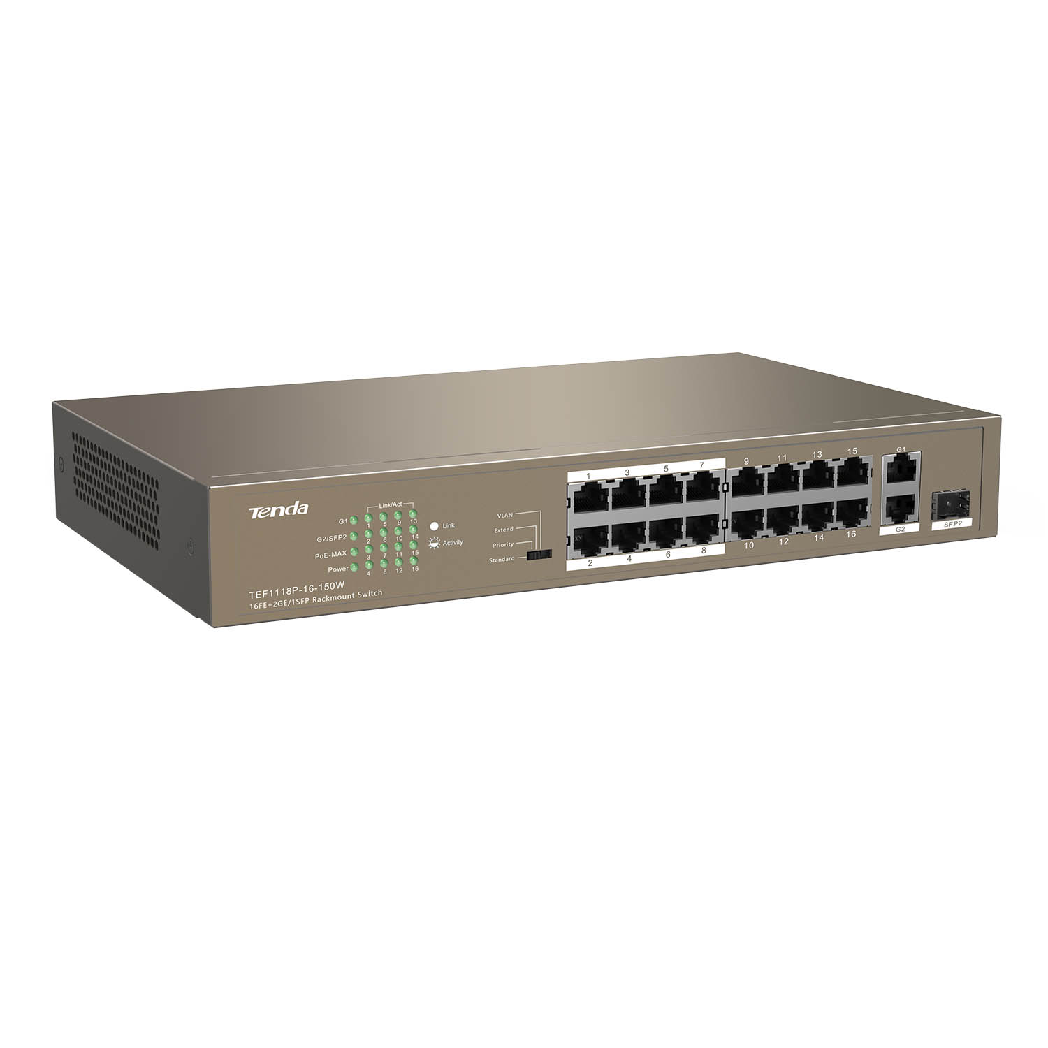 Ripley - SWITCH TENDA TEF1118P-16-150W 16P 2GE 1SFP POE GIGA