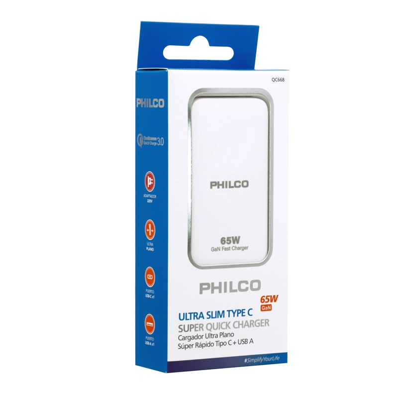 QC668 CARG. PARED S/RAPIDO 65W ULTRA PLANO USB A Y TIPO C - 1