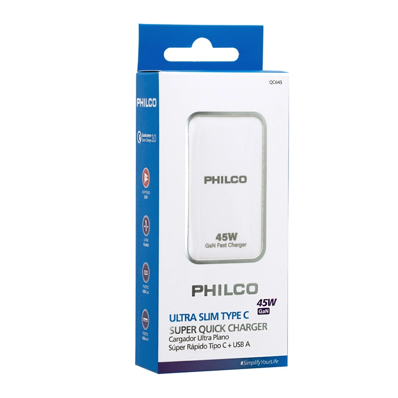 QC645 CARG. PARED S/RAPIDO 45W ULTRA PLANO USB A Y TIPO C/A - 4