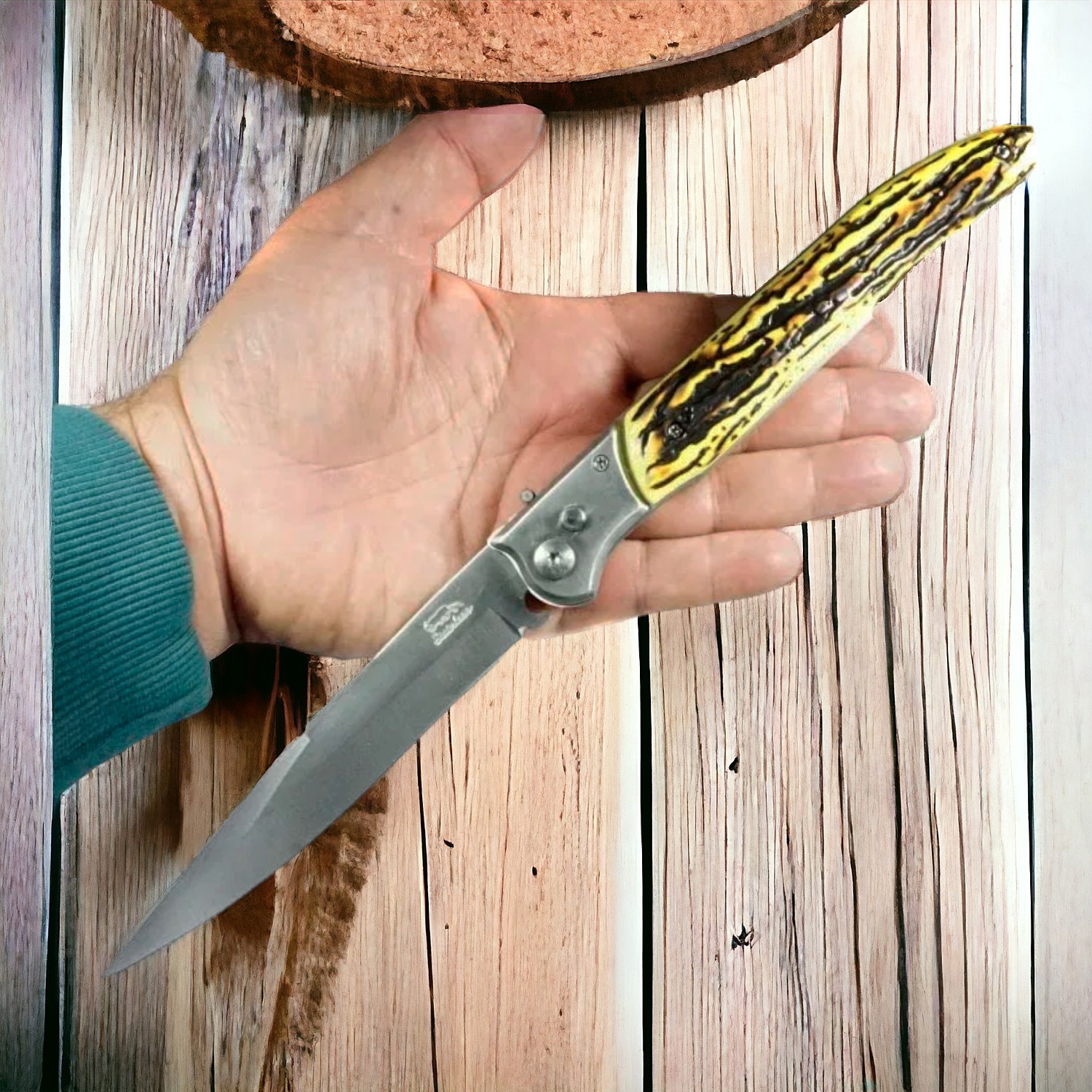 NAVAJA INVENCIBLE GRAN ALCE AUTOMÁTICA 30 CMS Y FORRO AJ63 ACERO - 3