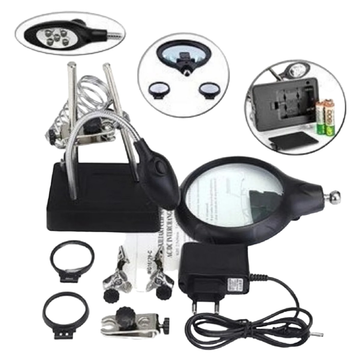 TERCERA MANO INVENCIBLE AYUDANTE SOLDAR PORTA CAUTIN LUPA 10 X 5 LED AM64 - 2
