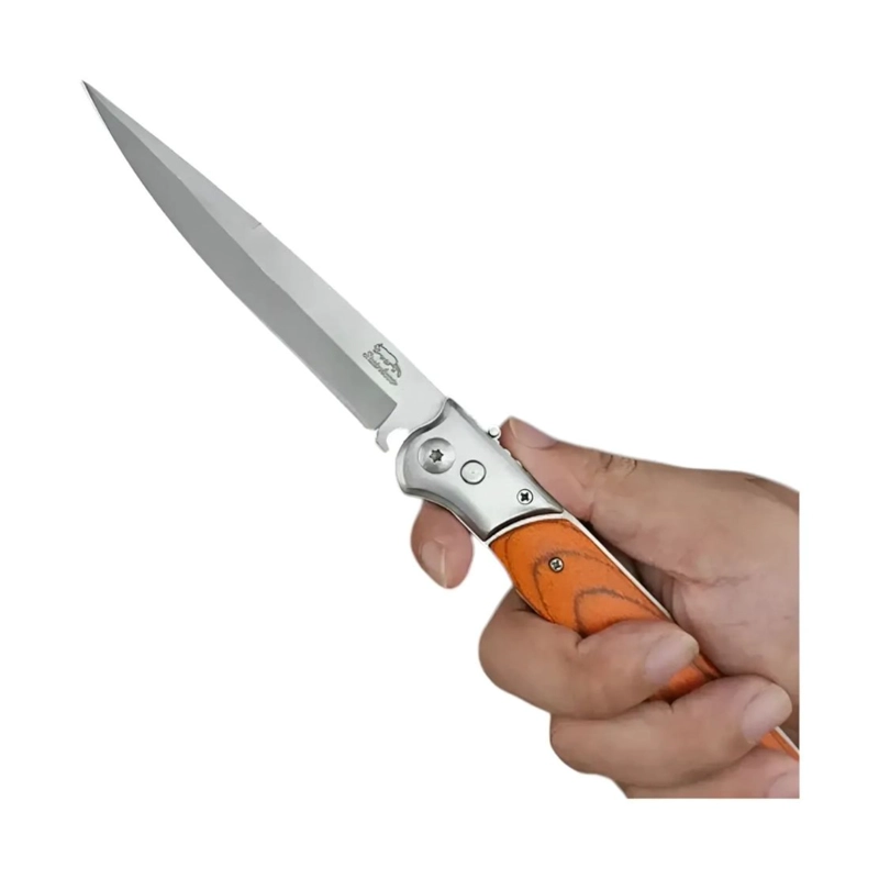 CUCHILLO PLEGABLE STILETTO MANGO MADERA NARANJA FUNDA - 1