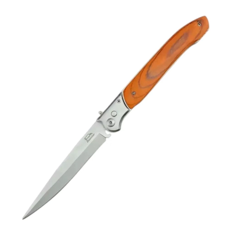 CUCHILLO PLEGABLE STILETTO MANGO MADERA NARANJA FUNDA - 2