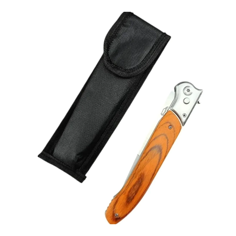 CUCHILLO PLEGABLE STILETTO MANGO MADERA NARANJA FUNDA - 4