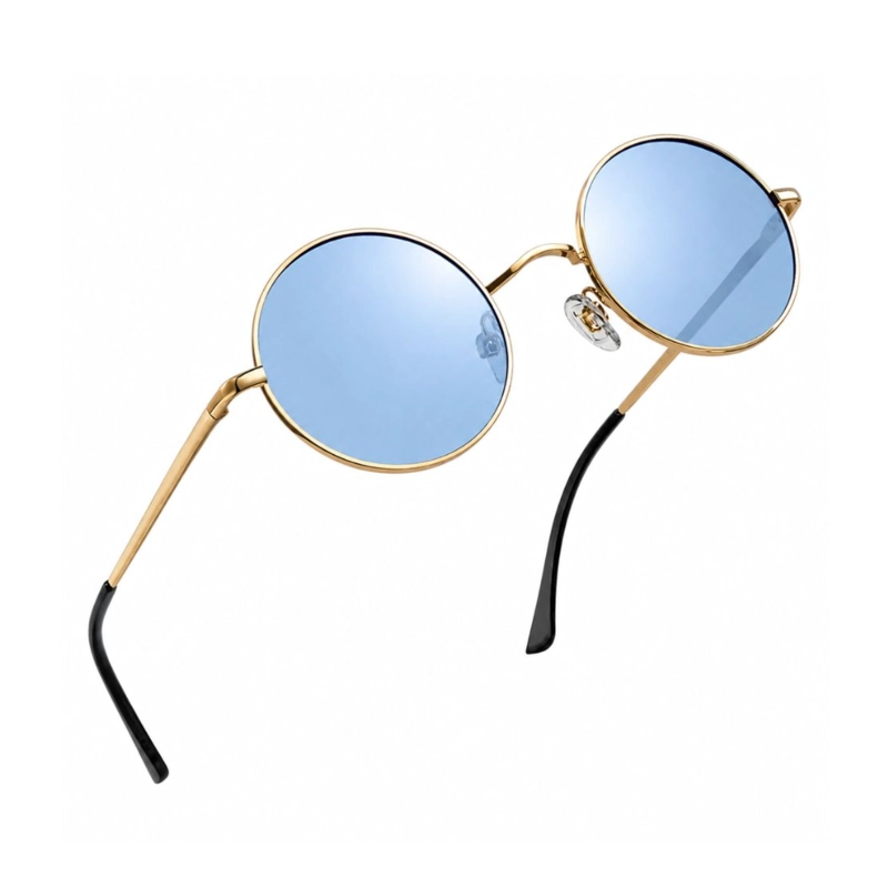 LENTES SOL REDONDAS VINTAGE METAL DORADO LENTES AZULES - 4