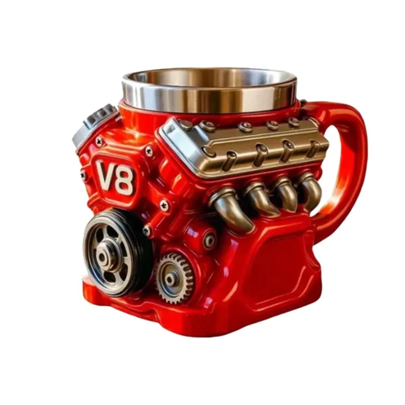 TAZA MOTOR V8 ROJO ACERO INOXIDABLE 3D RESINA REGALO - 1