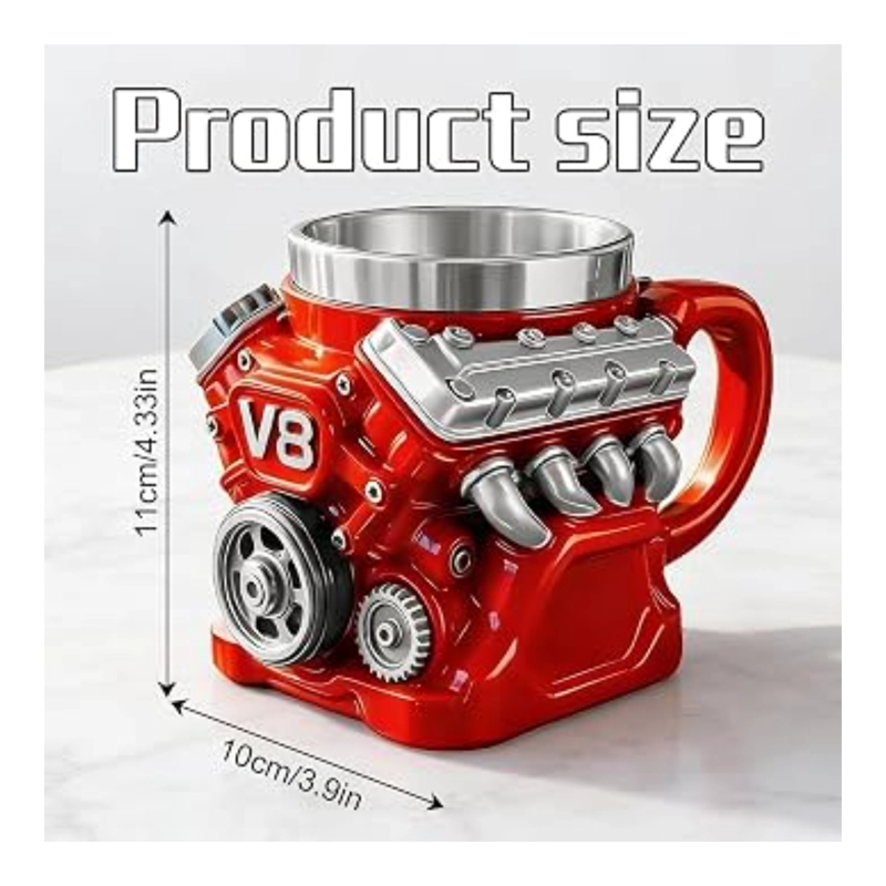 TAZA MOTOR V8 ROJO ACERO INOXIDABLE 3D RESINA REGALO - 4