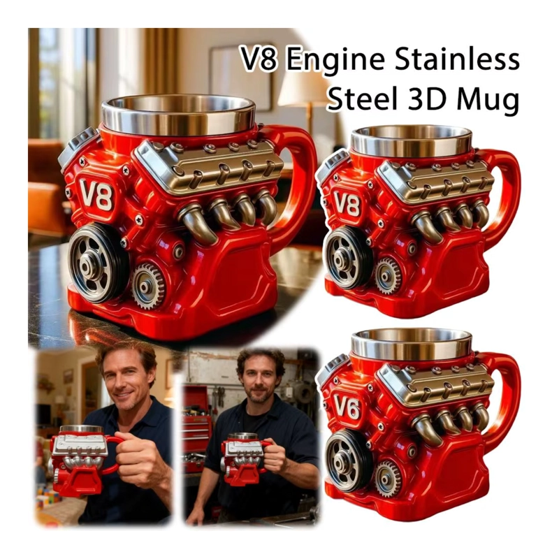 TAZA MOTOR V8 ROJO ACERO INOXIDABLE 3D RESINA REGALO - 6