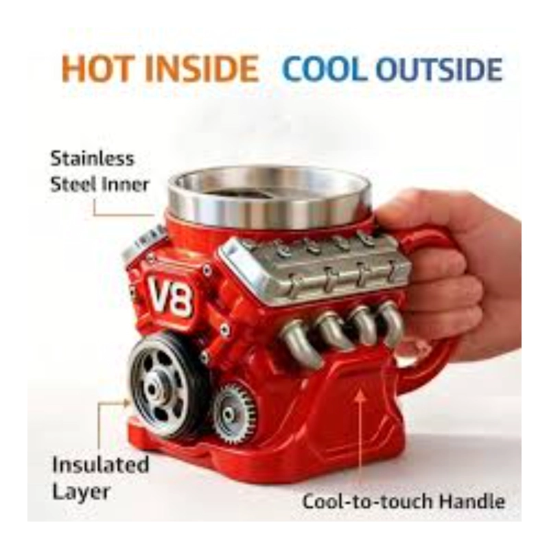 TAZA MOTOR V8 ROJO ACERO INOXIDABLE 3D RESINA REGALO - 7