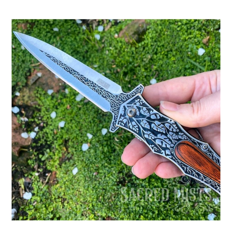 NAVAJA PLEGABLE TEMPLARIO MANGO TALLADO HOJA - 6