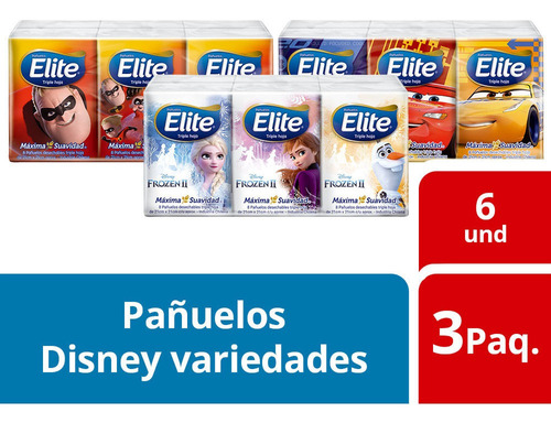 3 PAQUETES PAÑUELOS ELITE DISNEY 6 PAQ 8 UN - 1