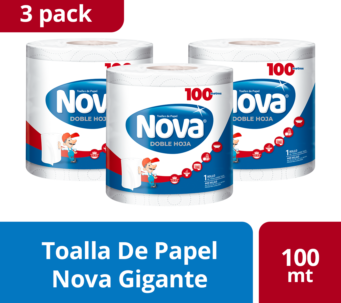 PACK 3 TOALLA DE PAPEL NOVA GIGANTE 100 MT - 1