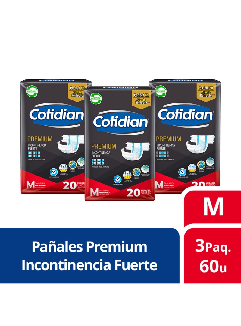 3 PAQUETES PAÑALES DE ADULTO COTIDIAN PREMIUM 60 UN TALLA M - 1