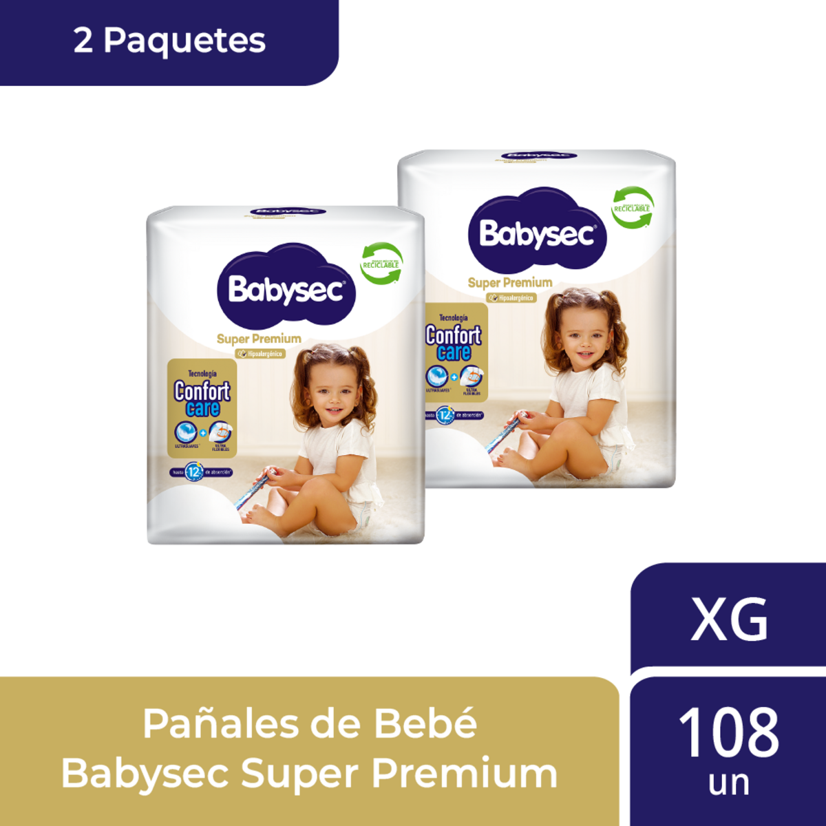 2 PAQUETES PAÑALES DE BEBE  BABYSEC SUPER PREMIUM 108 UN XG - 1