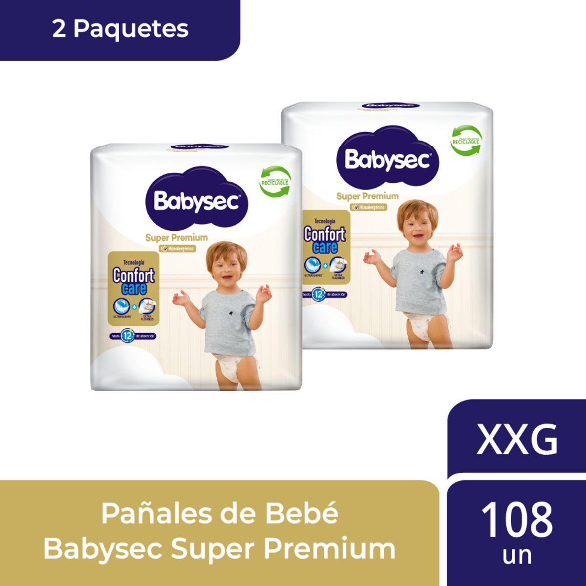2 PAQUETES PAÑALES DE BEBE  BABYSEC SUPER PREMIUM 108 UN XXG - 1