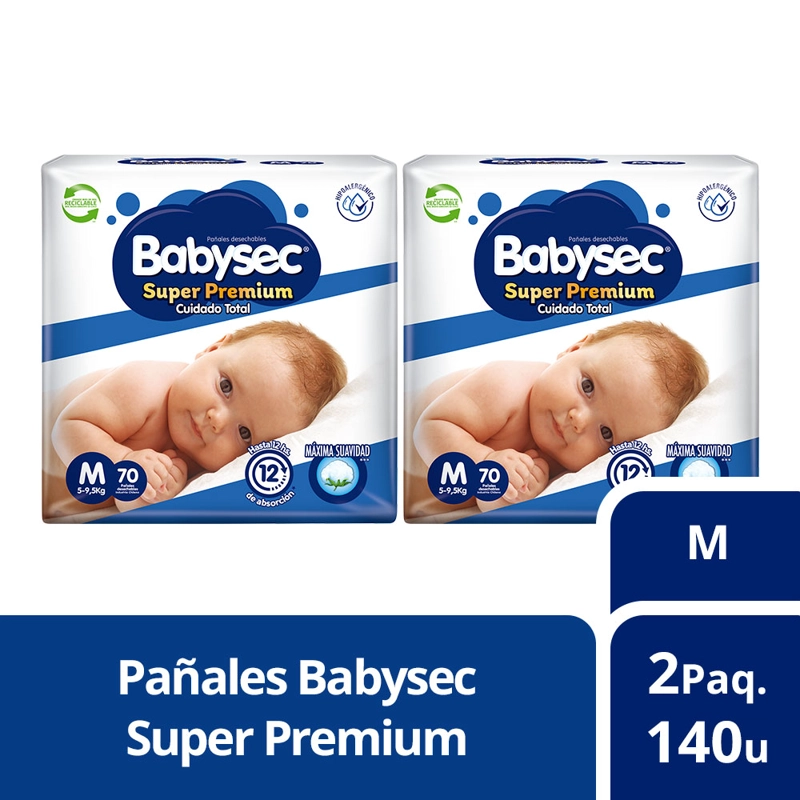 2 PAQUETES PAÑALES BABYSEC SUPER PREMIUM 140 UN TALLA M - 1