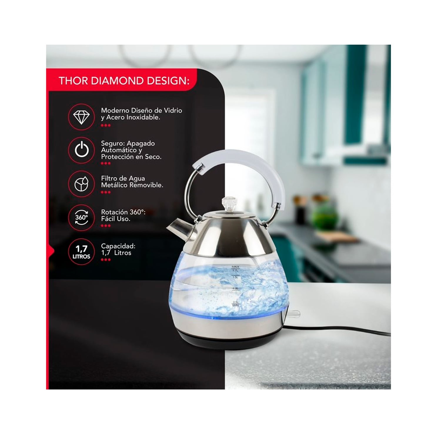 HERVIDOR VIDRIO TEMPLADO 1,7L THOR DIAMOND DESIGN - 2