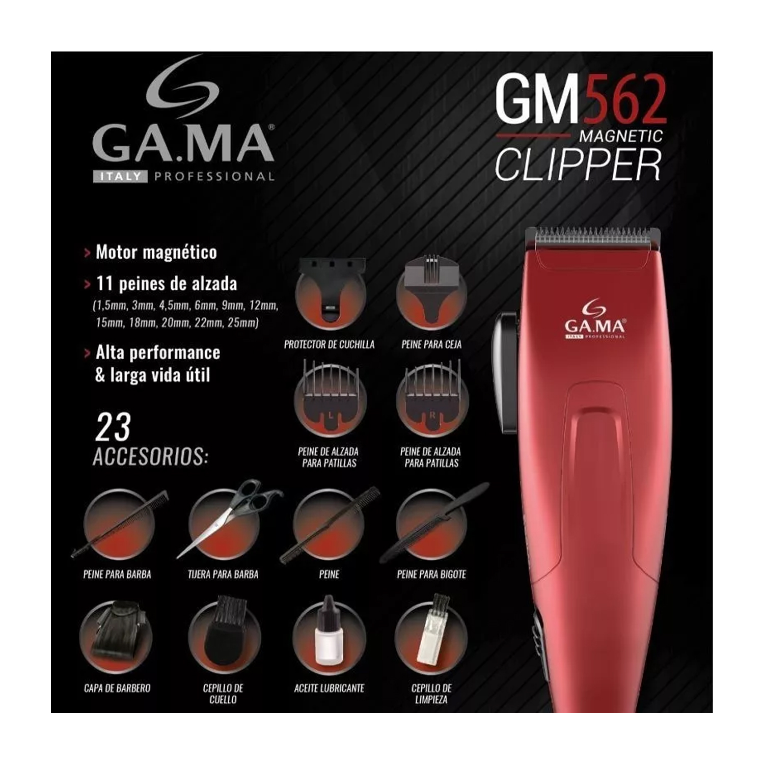 CORTADORA DE PELO GAMA GM 562 + 24 ACCESORIOS ROJO - 3