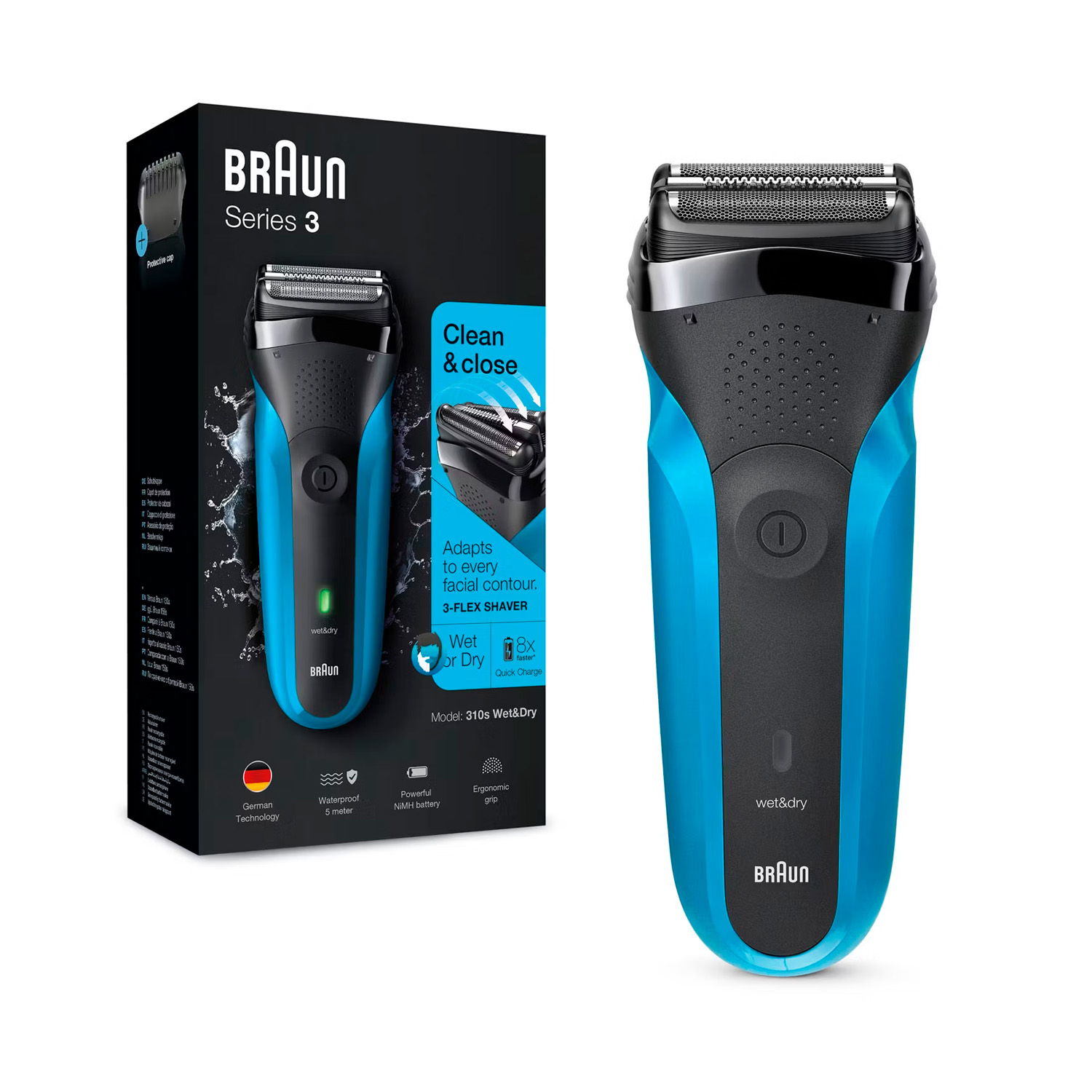 MÁQUINA DE AFEITAR BRAUN SERIES 3 301BT BLACK BLUE WET&DRY - 1