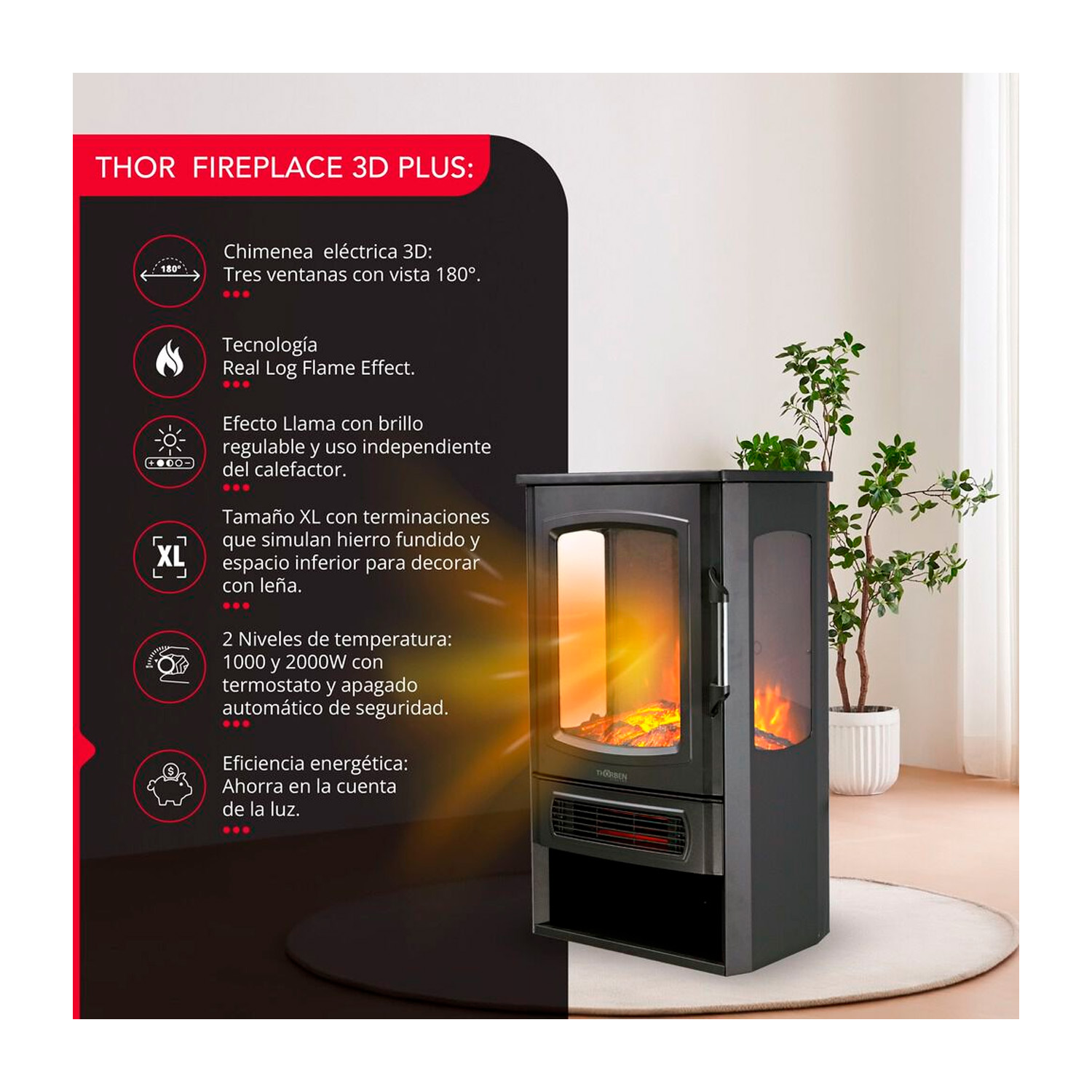 CHIMENEA ELECTRICA THORBEN FIREPLACE 3D PLUS 2000W - 2