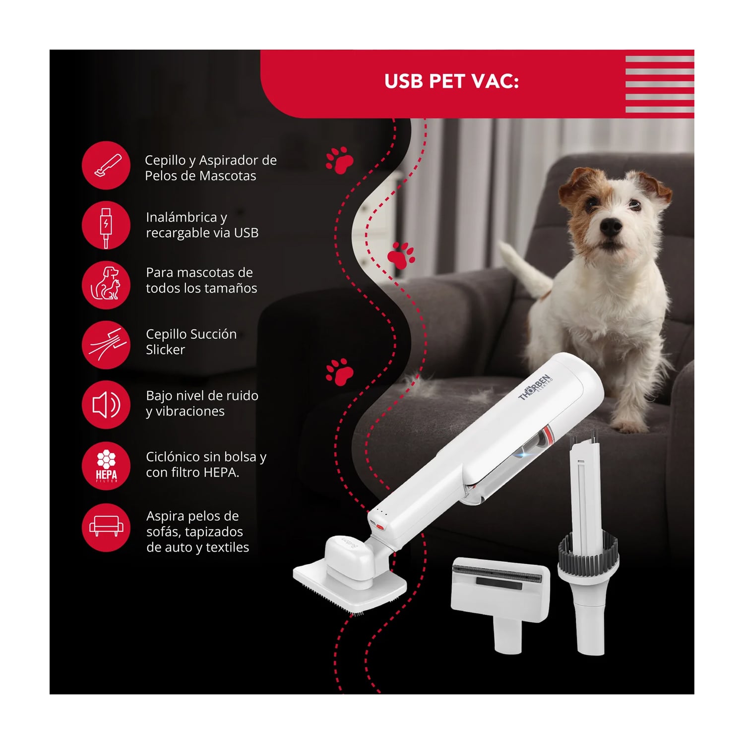 CEPILLO Y ASPIRADORA THORBEN CORDLESS USB PET VAC - 2
