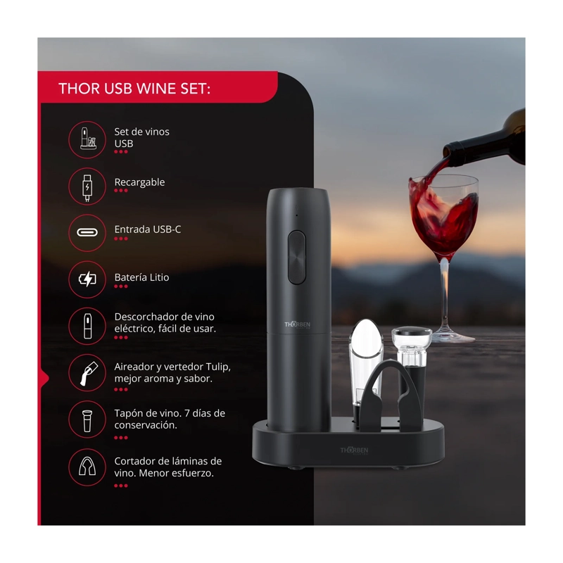 DESCORCHADOR ELÉCTRICO SET DE VINO THORBEN USB WINE SET - 2