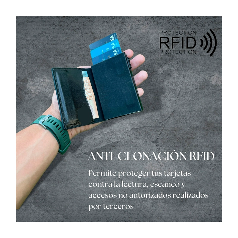 BILLETERA TARJETERO DE CUERO PU NEGRO ANTIROBO RFID - 6