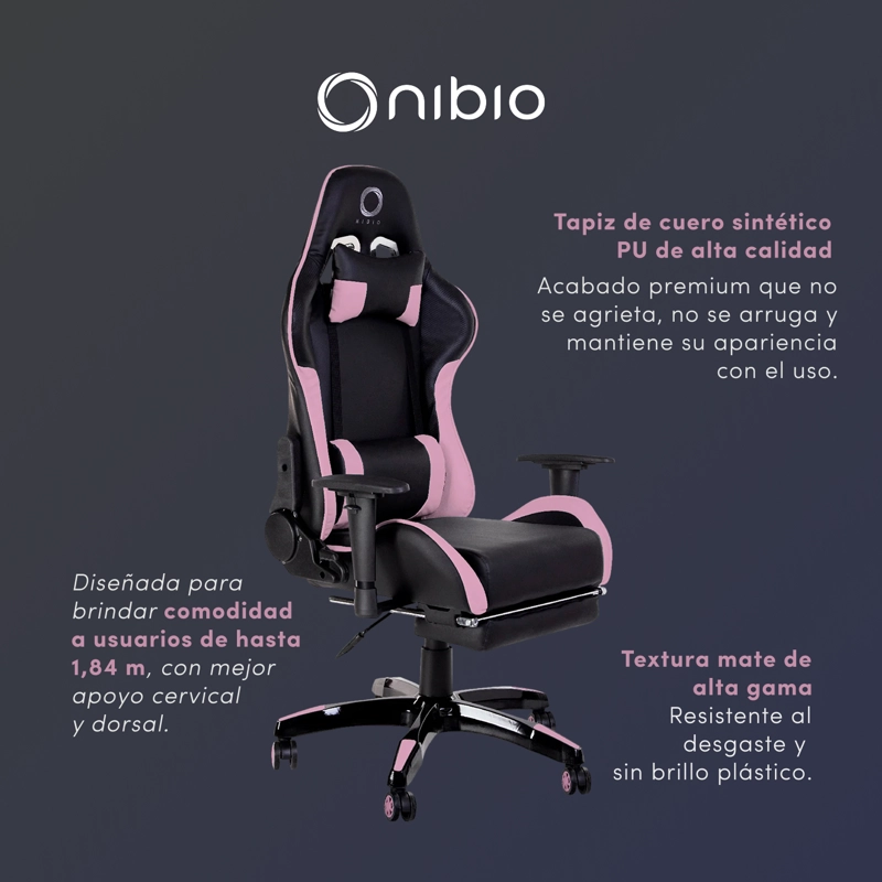 Silla Gamer Nibio Destroyer Reclinable 180° Apoyapies Cuero PU Rosa - 2