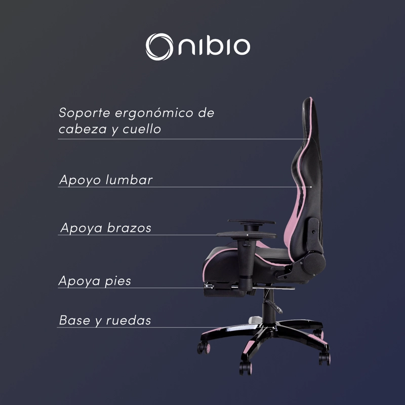 Silla Gamer Nibio Destroyer Reclinable 180° Apoyapies Cuero PU Rosa - 3